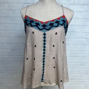 THML Women's Embroidered Beige Blue Orange Spaghetti Strap Gauzy Top -sz S